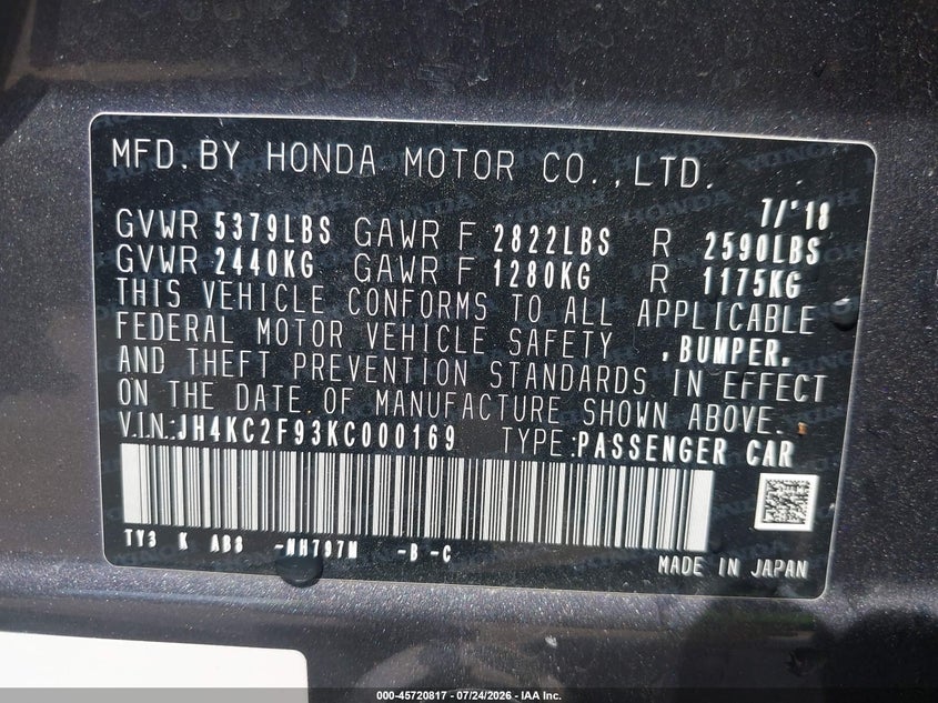 2019 ACURA RLX SEDAN 3.5L V-6 DI, VVT, 310HP