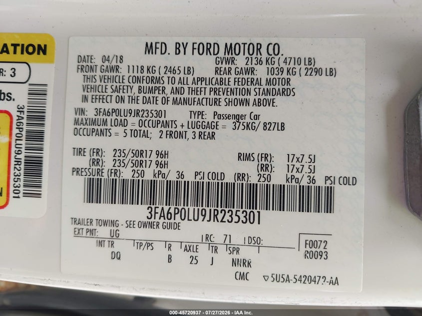 2018 FORD FUSION SEDAN 2.0L I-4 DOHC, VVT, 141HP