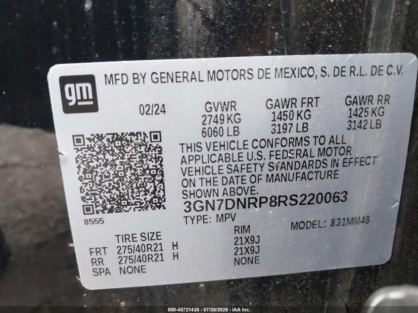 CHEVROLET EQUINOX EV 2024 VIN 3GN7DNRP8RS220063