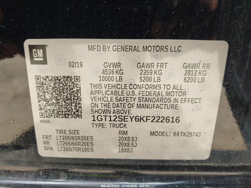 GMC SIERRA 2500HD 2019 VIN 1GT12SEY6KF222616