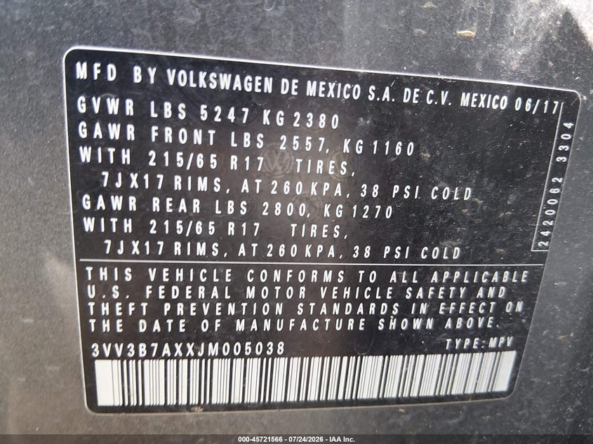VOLKSWAGEN TIGUAN 2018 VIN 3VV3B7AXXJM005038
