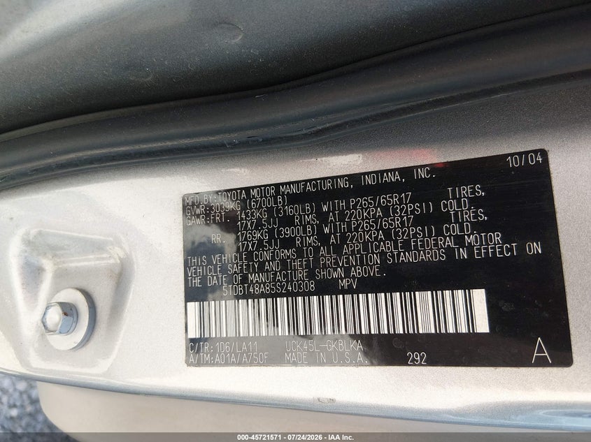 TOYOTA SEQUOIA 2005 VIN 5TDBT48A85S240308