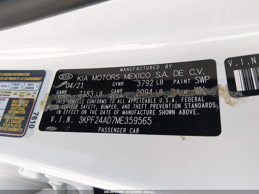 KIA FORTE 2021 VIN 3KPF24AD7ME359565