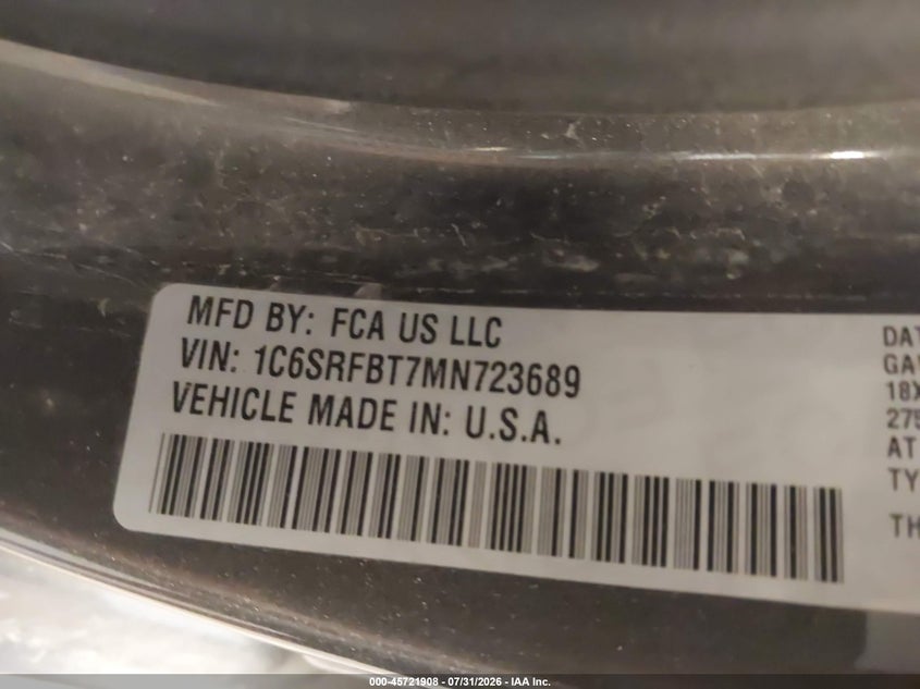 RAM 1500 2021 VIN 1C6SRFBT7MN723689