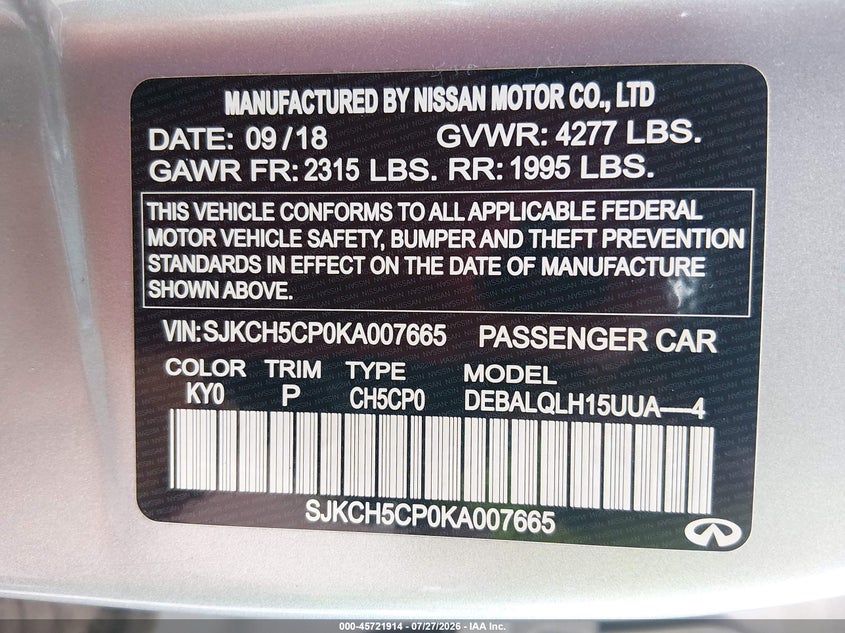 INFINITI QX30 2019 VIN SJKCH5CP0KA007665