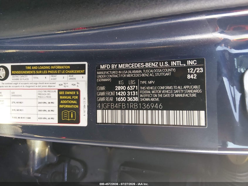 MERCEDES-BENZ GLE 350 2024 VIN 4JGFB4FB1RB136946