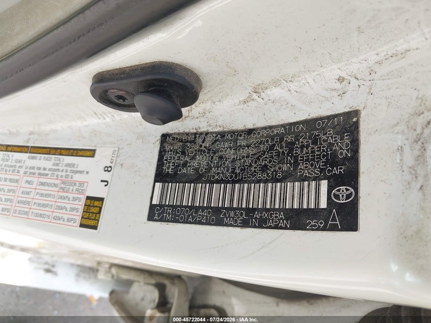 2011 TOYOTA PRIUS HATCHBACK 1.8L I-4 DOHC, VVT, 98HP