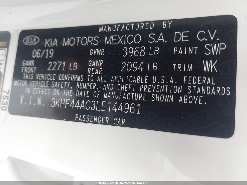 2020 KIA FORTE SEDAN 1.6L I-4 DI, DOHC, VVT, TURBO, 201HP