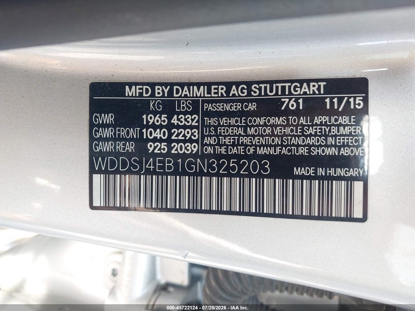 MERCEDES-BENZ CLA 250 2016 VIN WDDSJ4EB1GN325203