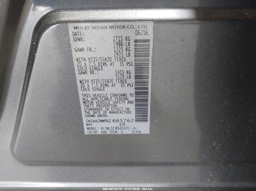 NISSAN PATHFINDER 2016 VIN 5N1AR2MM9GC665762