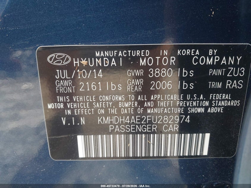 2015 HYUNDAI ELANTRA SEDAN 1.8L I-4 DOHC, VVT, 145HP