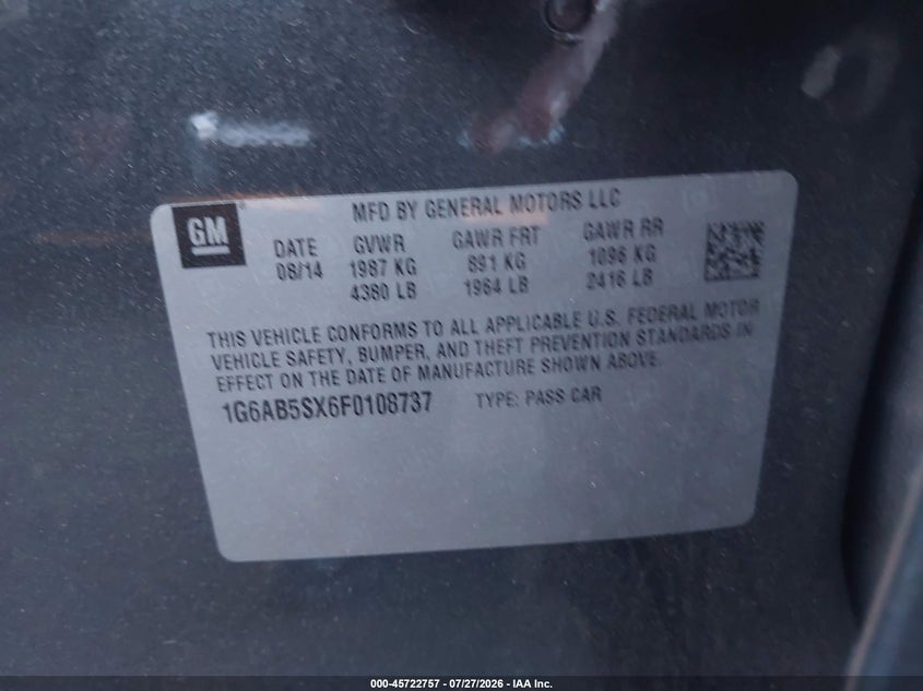 CADILLAC ATS 2015 VIN 1G6AB5SX6F0108737