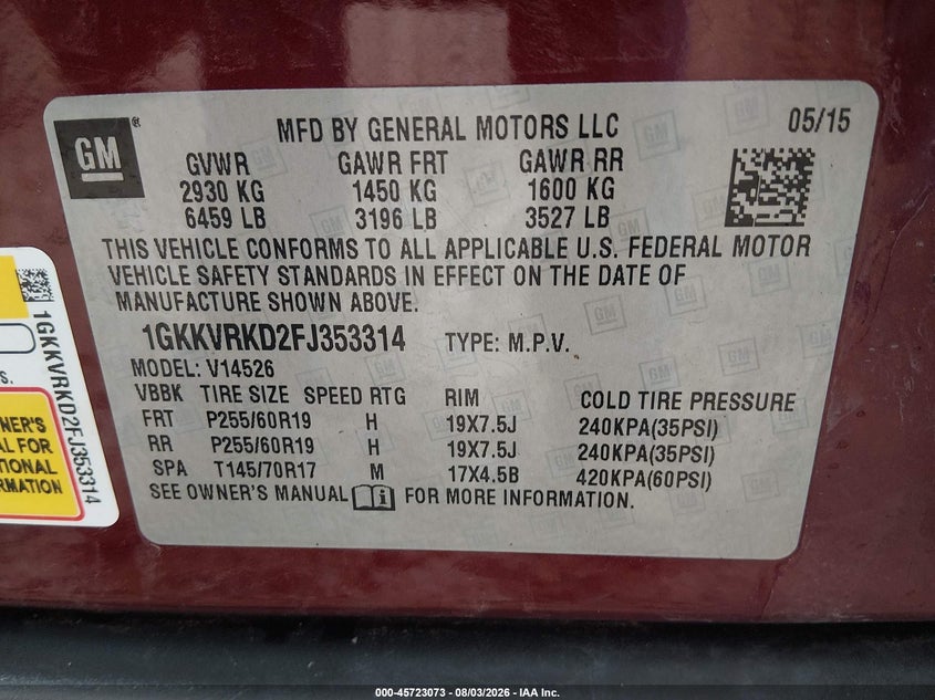 GMC ACADIA 2015 VIN 1GKKVRKD2FJ353314
