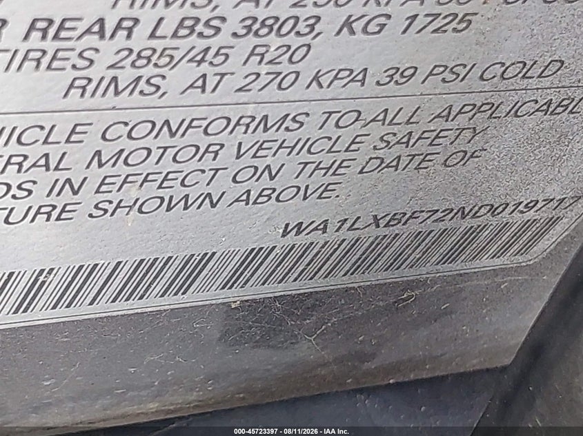 AUDI Q7 2022 VIN WA1LXBF72ND019717