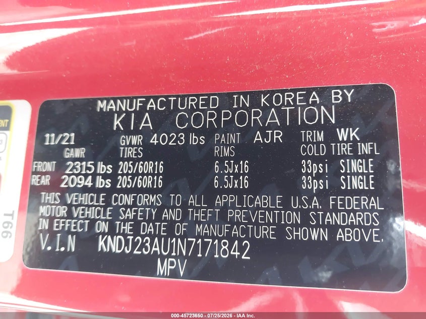 KIA SOUL 2022 VIN KNDJ23AU1N7171842