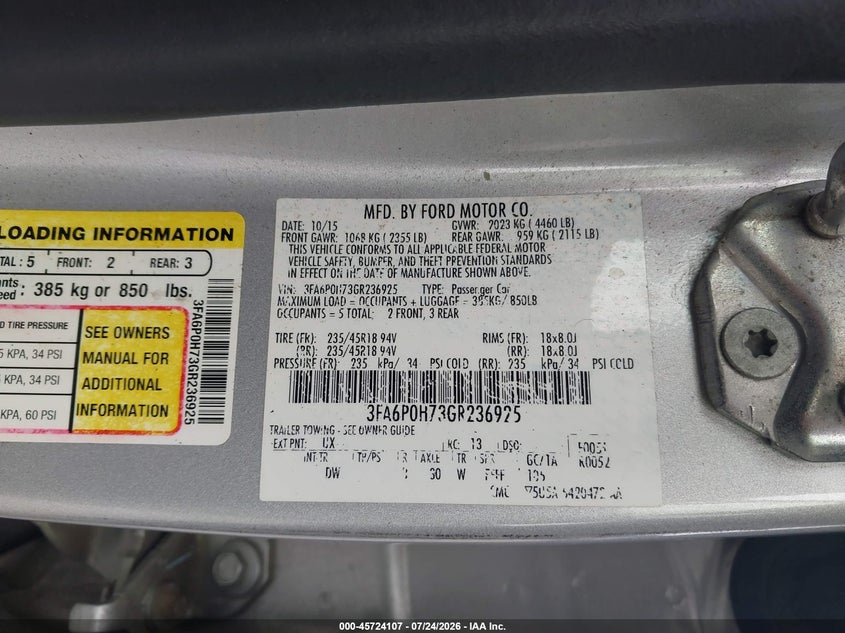 2016 FORD FUSION SEDAN 2.5L I-4 DOHC, VVT, 175HP