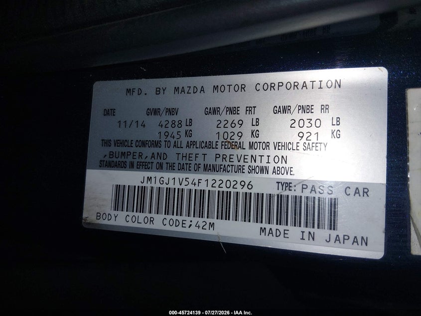 2015 MAZDA 6 SEDAN 2.5L I-4 DI, DOHC, VVT, 184HP