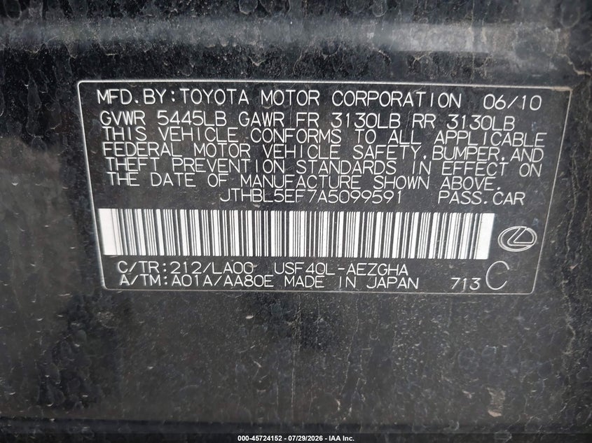 LEXUS LS 460 2010 VIN JTHBL5EF7A5099591
