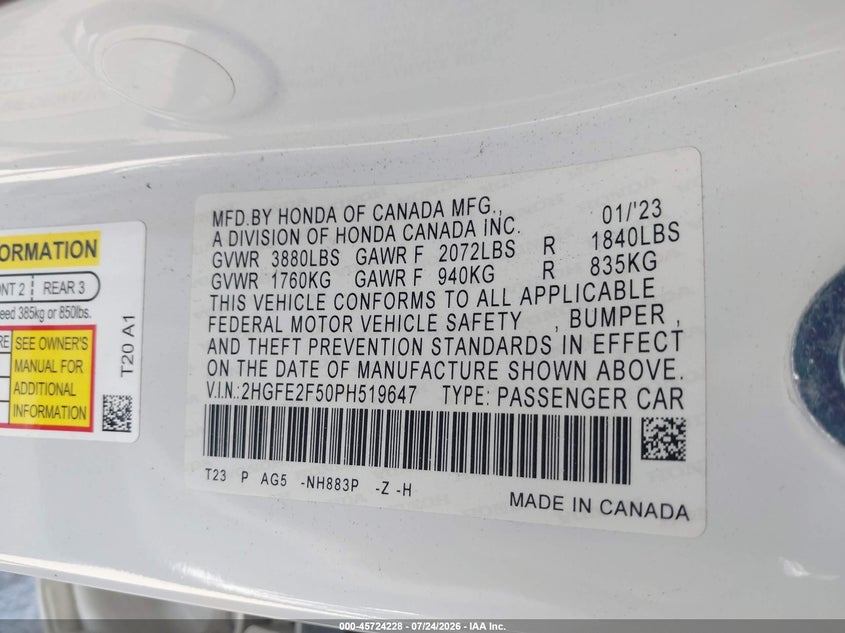 2023 HONDA CIVIC SEDAN 2.0L I-4 DI, DOHC, VVT, 158HP