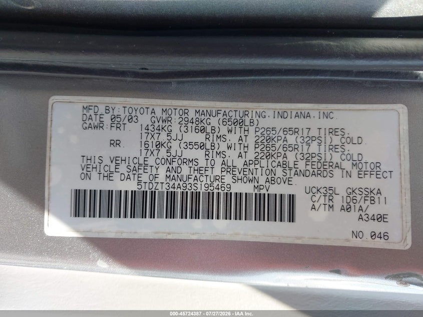 2003 TOYOTA SEQUOIA SPORT UTILITY VEHICLE 4.7L V-8 DOHC, 240HP