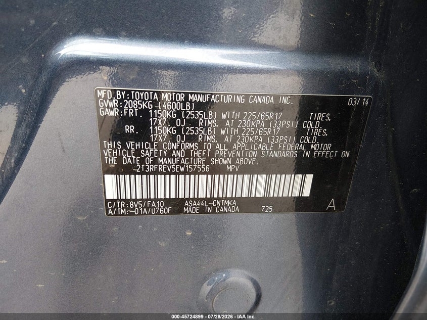 2014 TOYOTA RAV 4 SPORT UTILITY VEHICLE 2.5L I-4 DOHC, VVT, 176HP