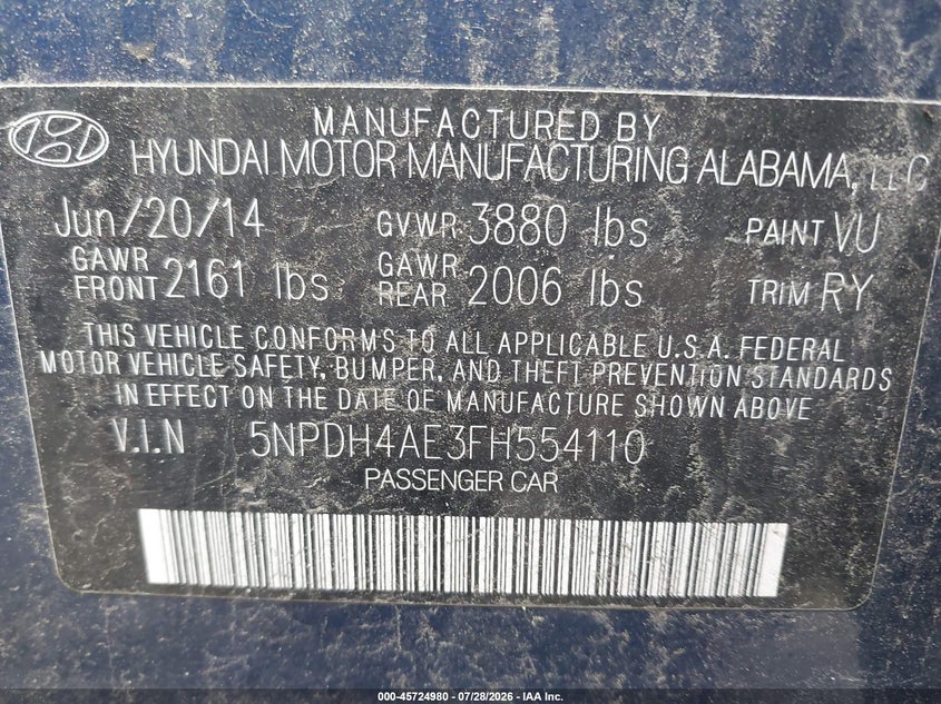 HYUNDAI ELANTRA 2015 VIN 5NPDH4AE3FH554110