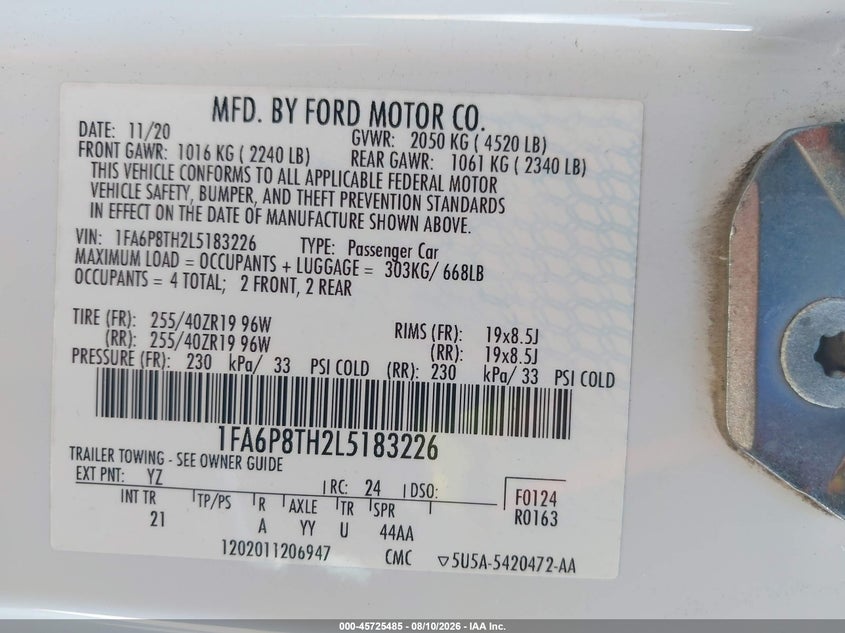 2020 FORD MUSTANG COUPE 2.3L I-4 DI, DOHC, VVT, TURBO, 310HP