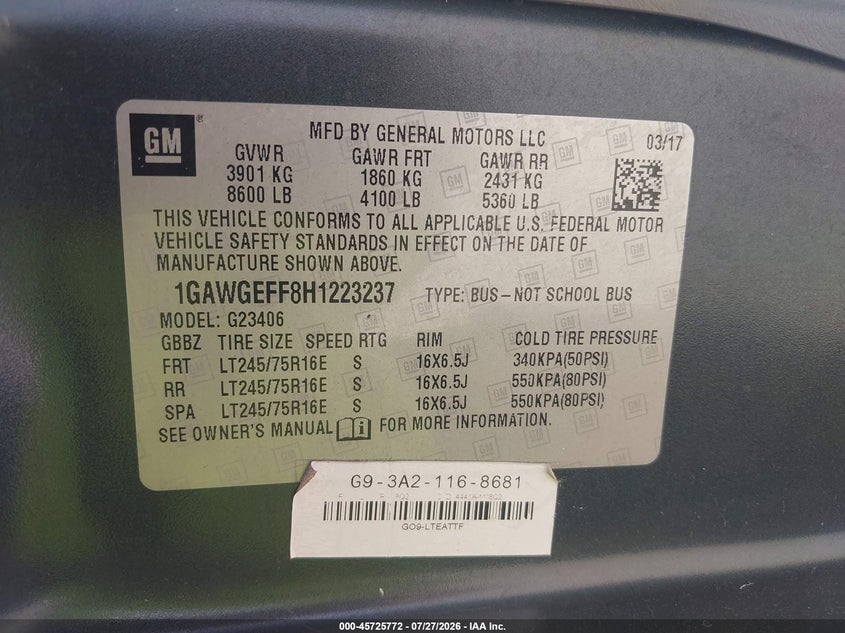 2017 CHEVROLET EXPRESS VAN 4.8L V-8 VVT, 285HP