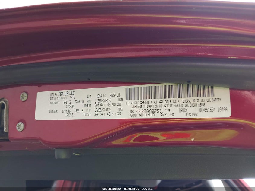 Vin: 3c6jr6dg0fg675721, lot: 46224961, ram 1500 tradesman 20154