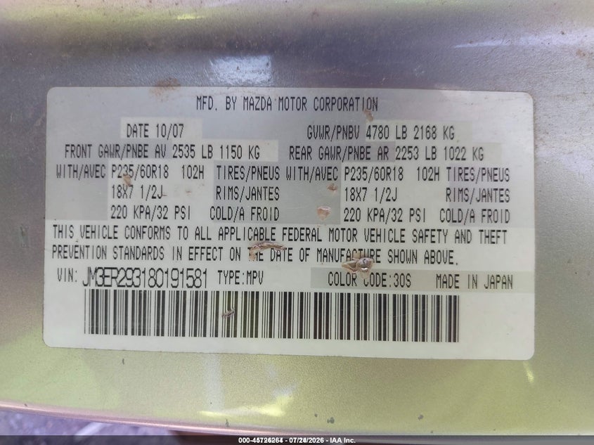 MAZDA CX-7 2008 VIN JM3ER293180191581