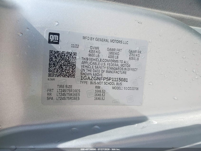 CHEVROLET EXPRESS PASSENGER 2023 VIN 1GAZGNFP5P1115081