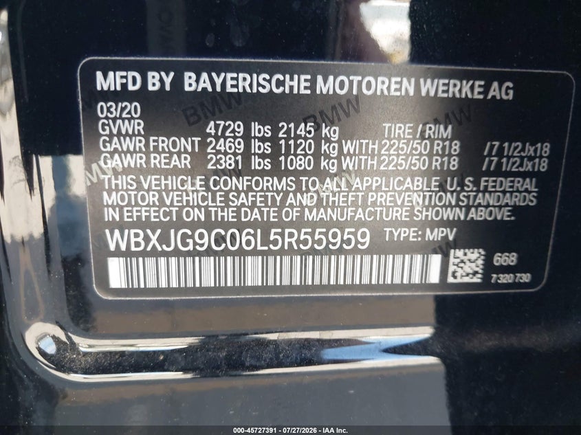BMW X1 2020 VIN WBXJG9C06L5R55959