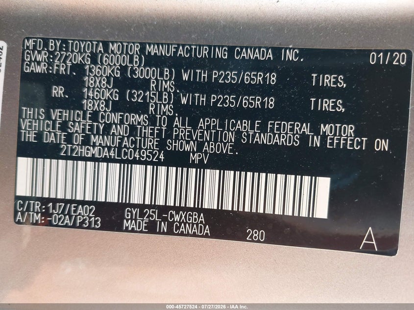 LEXUS RX 450H 2020 VIN 2T2HGMDA4LC049524
