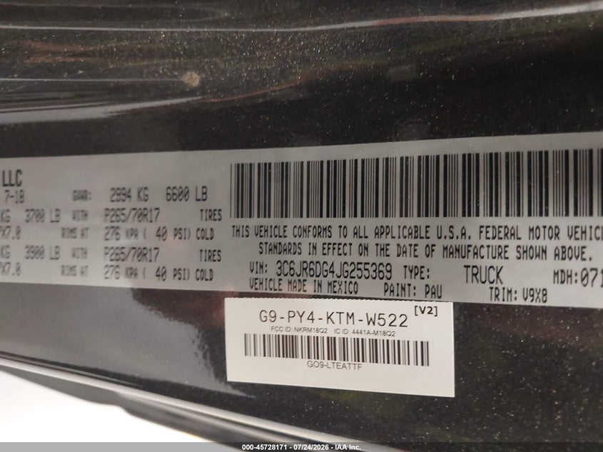 RAM 1500 2018 VIN 3C6JR6DG4JG255369