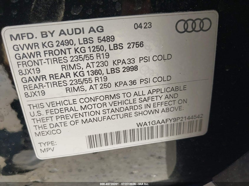 AUDI Q5 2023 VIN WA1GAAFY9P2144542