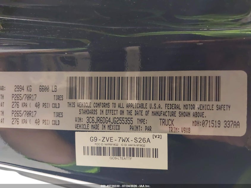 RAM 1500 2018 VIN 3C6JR6DG4JG255355