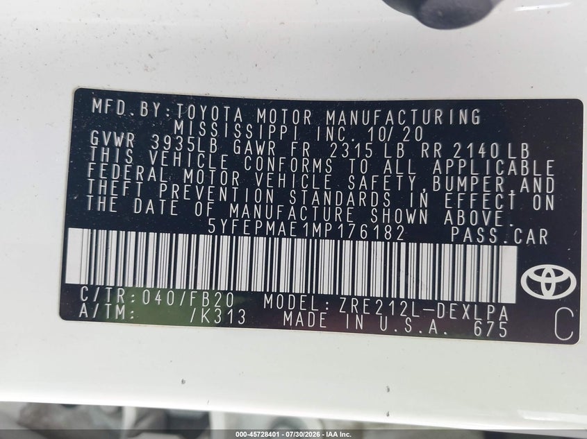 TOYOTA COROLLA 2021 VIN 5YFEPMAE1MP176182