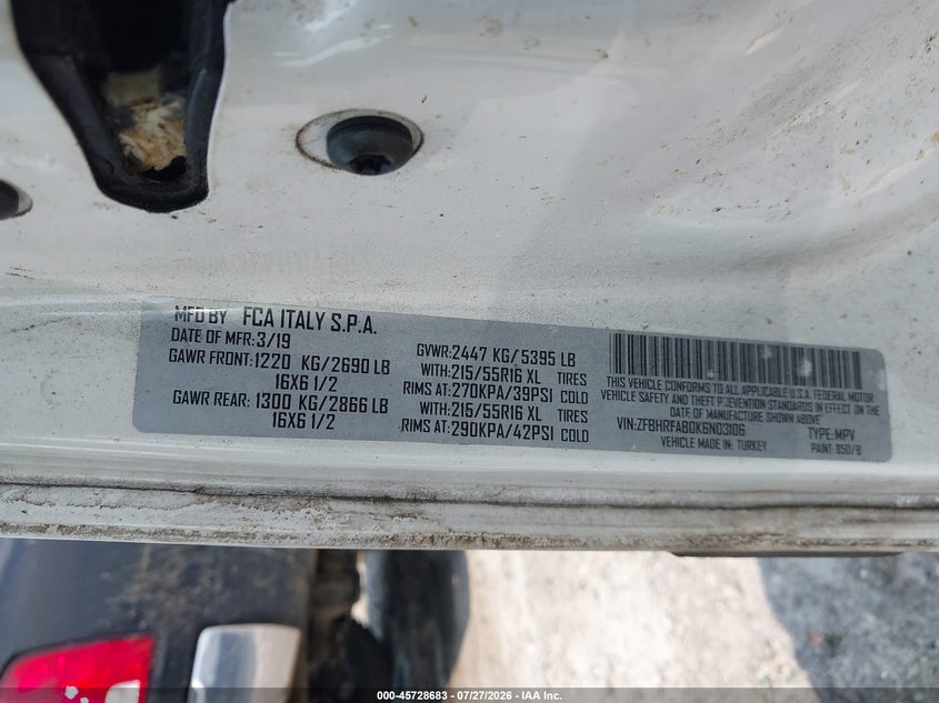 RAM PROMASTER CITY 2019 VIN ZFBHRFAB0K6N03106