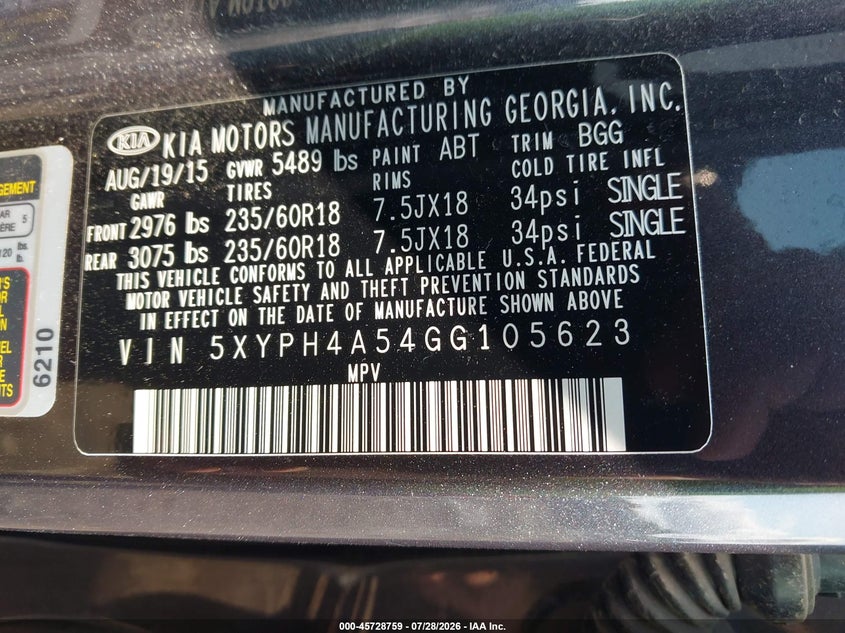 KIA SORENTO 2016 VIN 5XYPH4A54GG105623