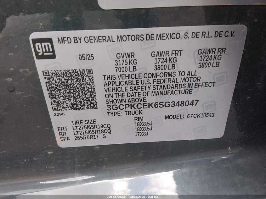 CHEVROLET SILVERADO 1500 2025 VIN 3GCPKCEK6SG348047