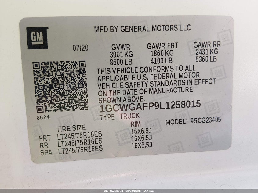 Vin: 1gcwgafp9l1258015, lot: 46227622, chevrolet express cargo rwd 2500 regular wheelbase wt 20204