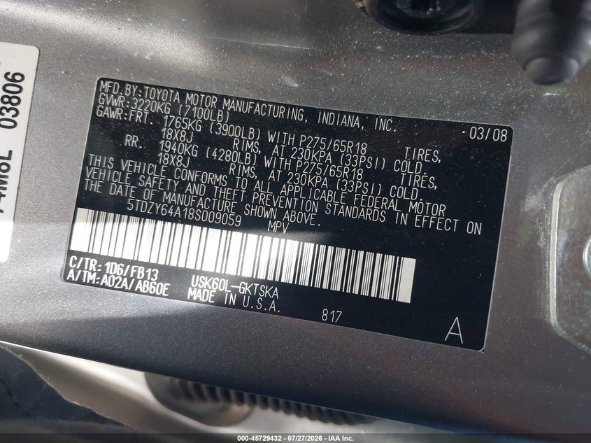 2008 TOYOTA SEQUOIA SPORT UTILITY VEHICLE 5.7L V-8 DOHC, VVT, 381HP
