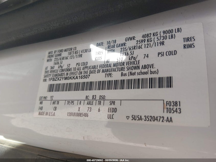 2019 FORD TRANSIT WAGON 3.7L V-6 DOHC, VVT, 275HP