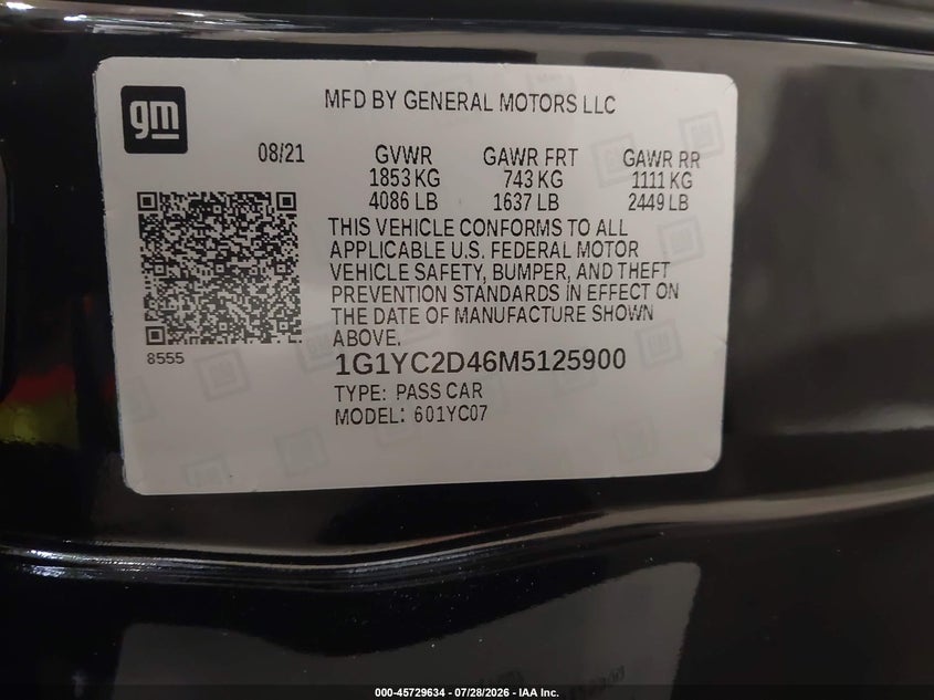 CHEVROLET CORVETTE STINGRAY 2021 VIN 1G1YC2D46M5125900