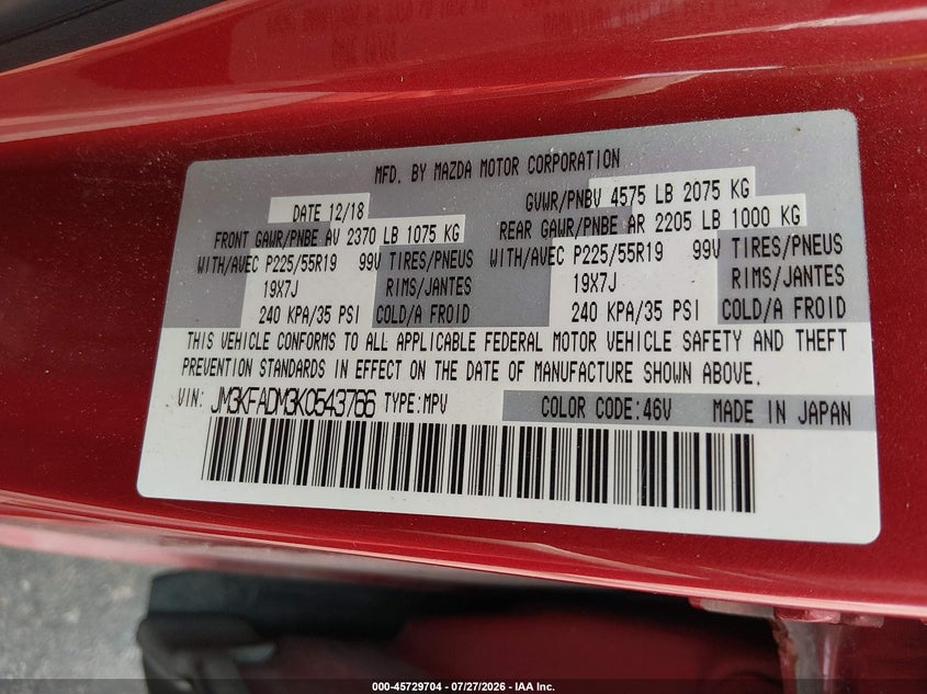MAZDA CX-5 2019 VIN JM3KFADM3K0543766