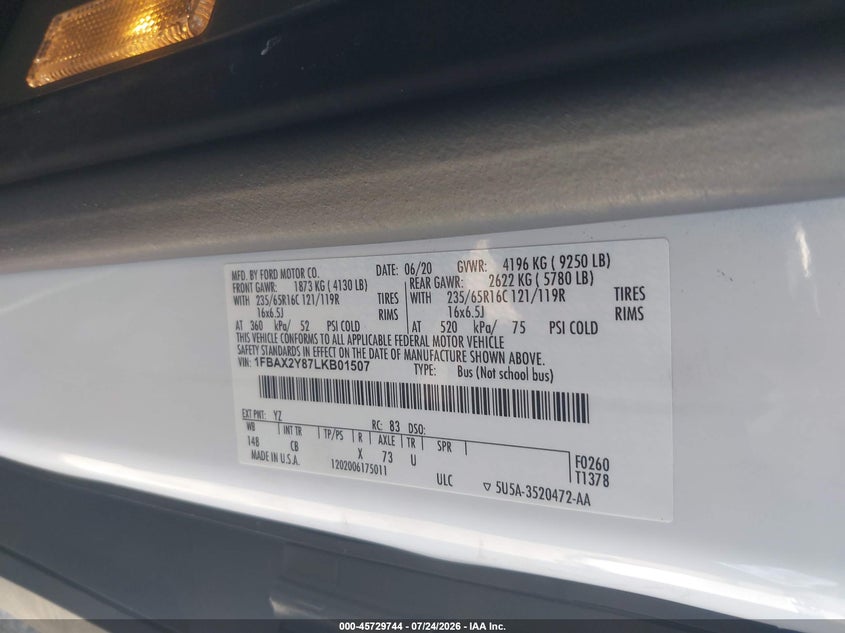2020 FORD TRANSIT WAGON 3.5L V-6 DI, DOHC, VVT, 275HP