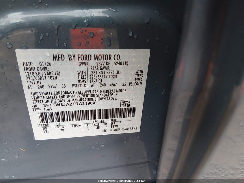 FORD MAVERICK 2026 VIN 3FTTW8JA2TRA31904