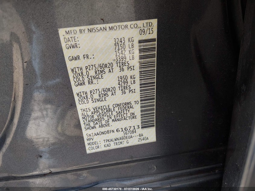 NISSAN ARMADA 2015 VIN 5N1AA0ND8FN616713