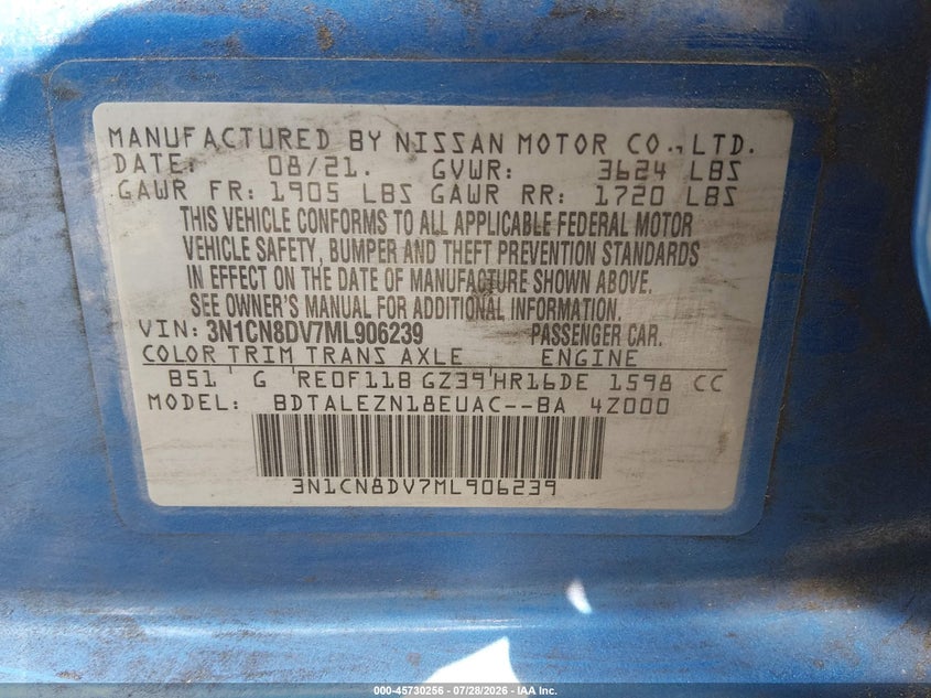 NISSAN VERSA 2021 VIN 3N1CN8DV7ML906239