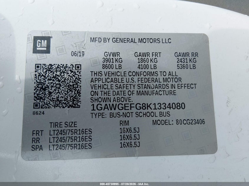 CHEVROLET EXPRESS 2500 2019 VIN 1GAWGEFG8K1334080